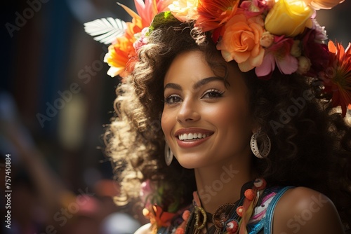 A woman with a flower crown on her head, smiling and happy