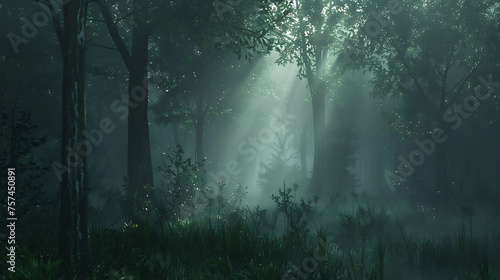 Misty forest at dawn with sunlight streaming through trees. Nature landscape photography with copy space. Tranquility and serene nature concept