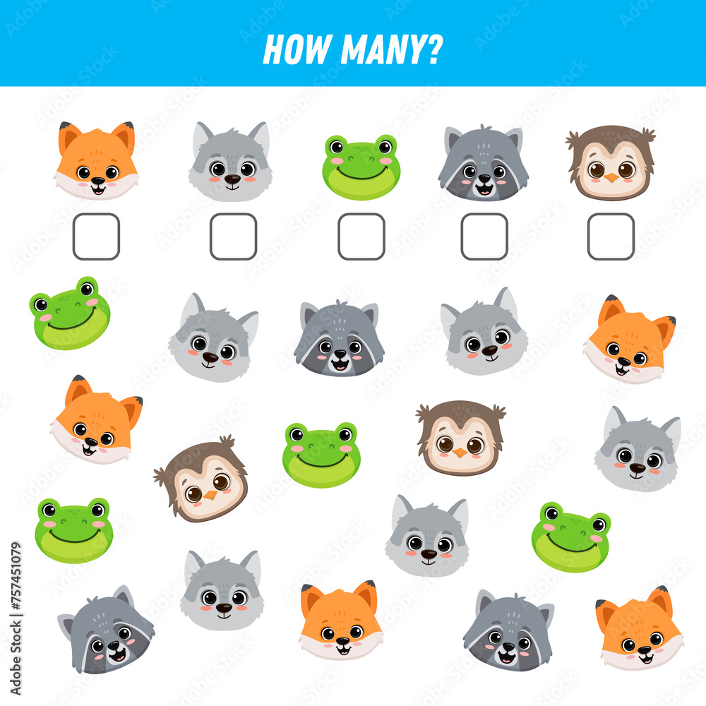 How many animals are there. Count the number of animals face. Math worksheet for kids. 