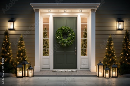 olive green front door and porch of classic suburban house facade exterior with white walls, decorated with festive christmas trees and wreath at night with romantic light photo