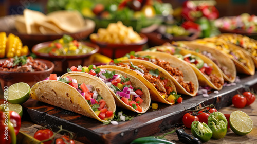 A line of delectable tacos garnished with colorful toppings, beautifully arranged for serving
