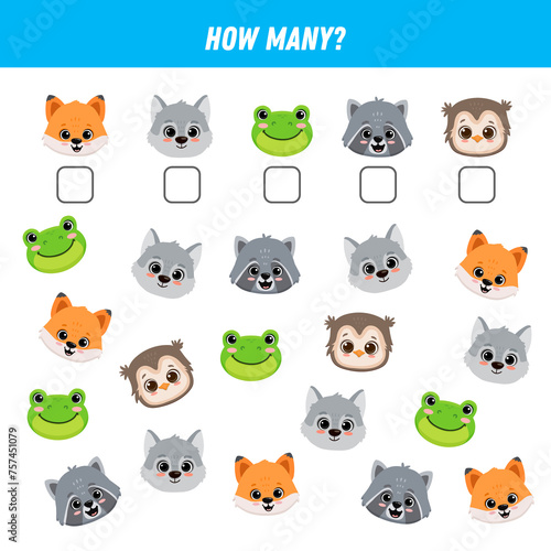 Fototapeta Naklejka Na Ścianę i Meble -  How many animals are there. Count the number of animals face. Math worksheet for kids. 
