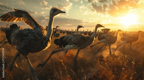 flock of ostriches playing on the savannah. Represents freedom and vitality. Pay attention to light, color and composition.