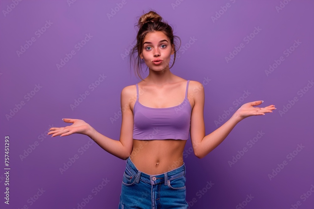 A woman in a purple tank top