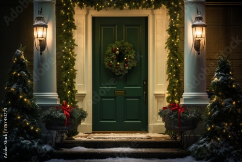 green front door and porch of classic suburban house facade exterior with white walls, decorated with festive garlands, christmas trees and wreath at nights with lanterns glowing
