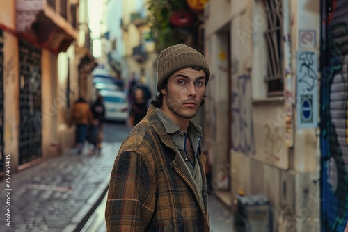 A man wearing a plaid jacket and a hat stands on a city street