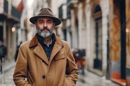 A man wearing a brown coat and hat stands on a street © Juan Hernandez