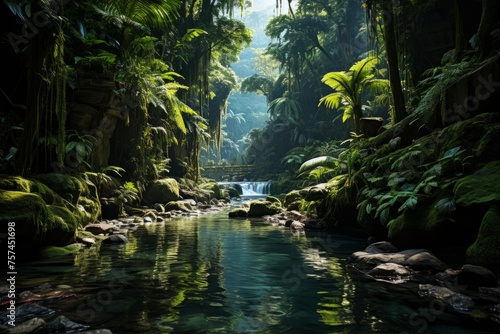 A river flows through the lush jungle, surrounded by diverse flora and fauna