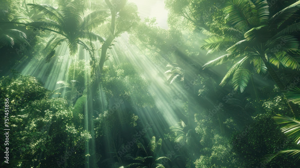 aerial photograph of a tropical rainforest in South America. Sunlight filters through the branches and onto the forest floor. Filled with abundance,