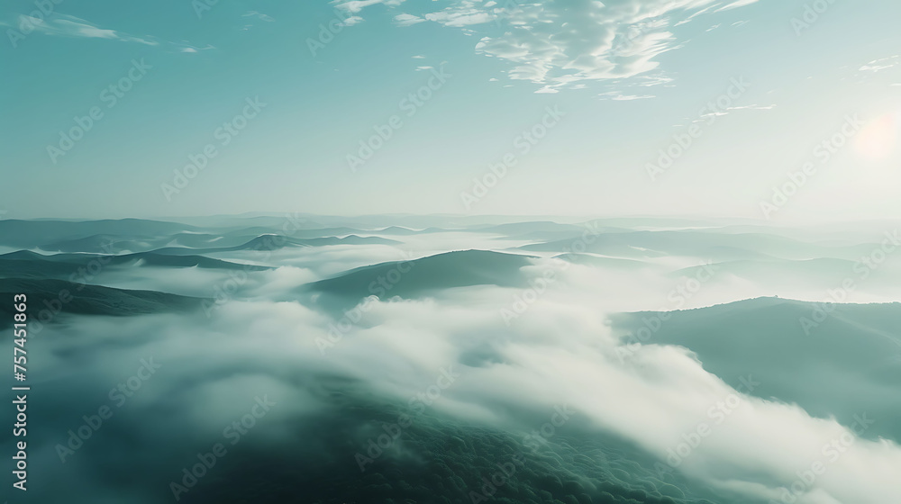 clouds over the mountains, Misty green hills under a soft, hazy sky. Serenity and nature concept. Design for tranquility, landscape beauty, and peaceful solitude. Abstract and dreamy background with a