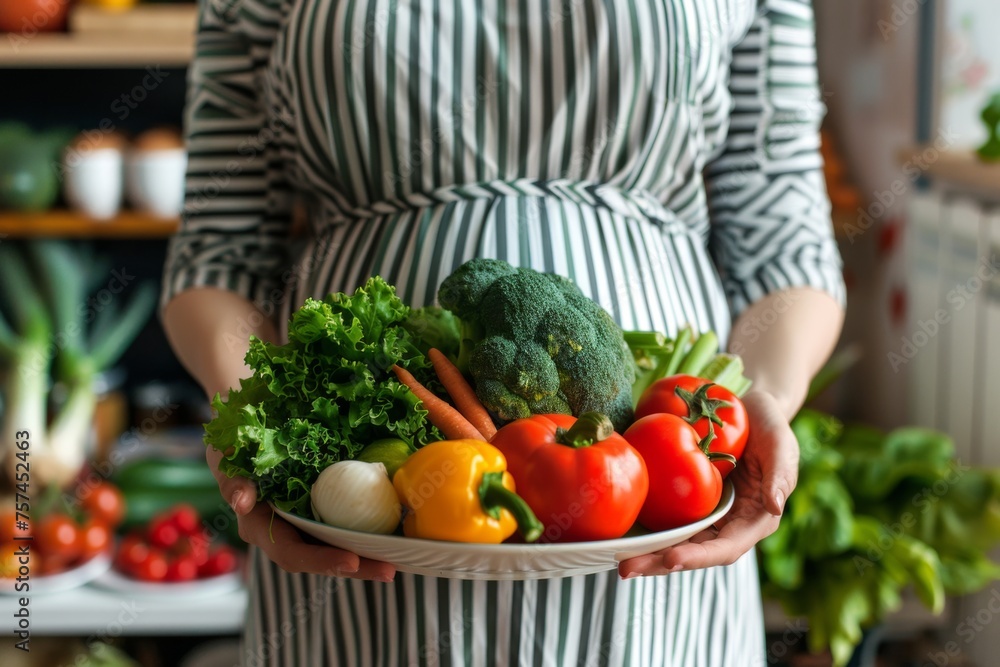 Fototapeta premium A pregnant woman holding a plate of vegetables, promoting weight control and healthy eating during pregnancy