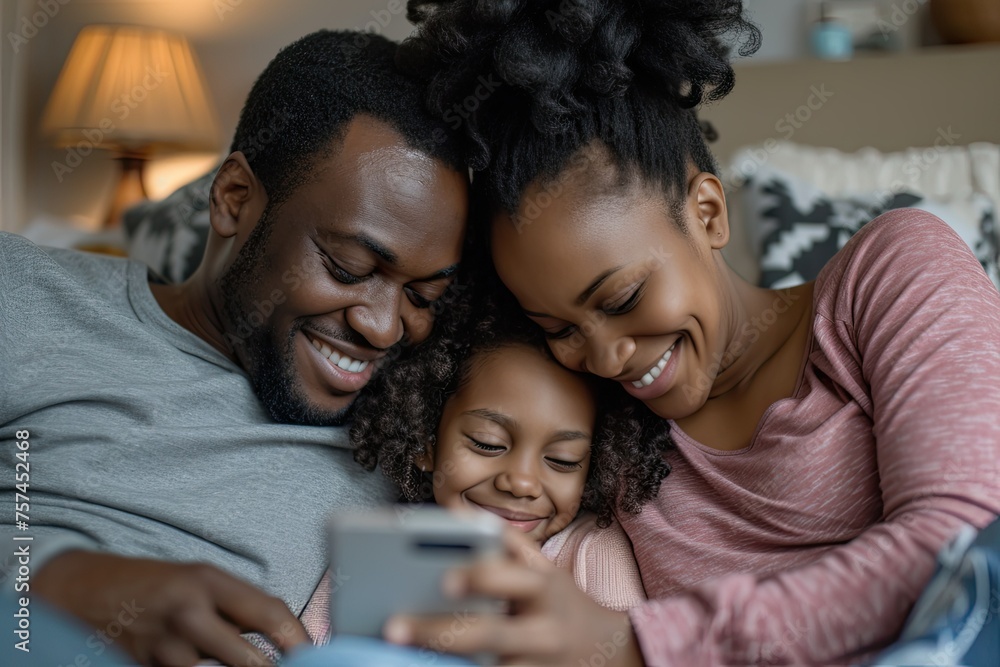 A family of three, a man, a woman and a child, are sitting together on a bed A family of three, a man, a woman and a child, are sitting together on a bed