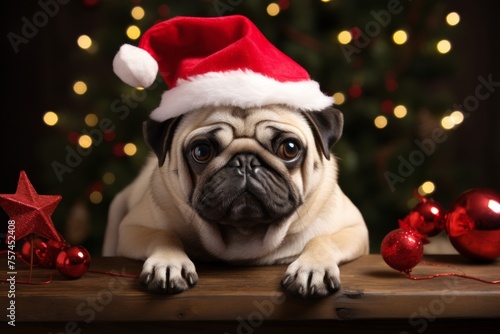 adorable cute pug dog in red Santa hat at home with christmas tree lights bokeh