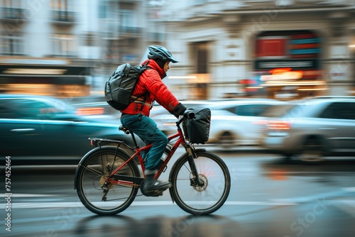 A man in a red jacket rides a bicycle down a street photo