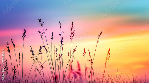 Silhouetted grass against vibrant sunset sky. Nature background with gradient colors. Serenity and calmness concept for wallpaper  banner design. Wide landscape format with place   sunset in the grass