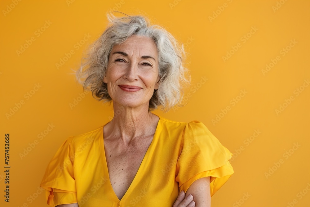 A woman in a yellow dress is smiling and posing for a picture