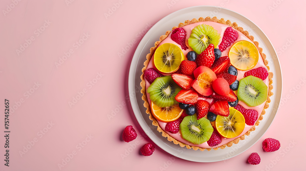 Fruit tart with kiwi, strawberries, and raspberries on a white plate, top view with copy space. Healthy eating and dessert concept for design, menu, and food blog. Fruit tart with kiwi, strawberries, and raspberries on a white plate, top view with copy space. Healthy eating and dessert concept for design, menu, and food blog.
