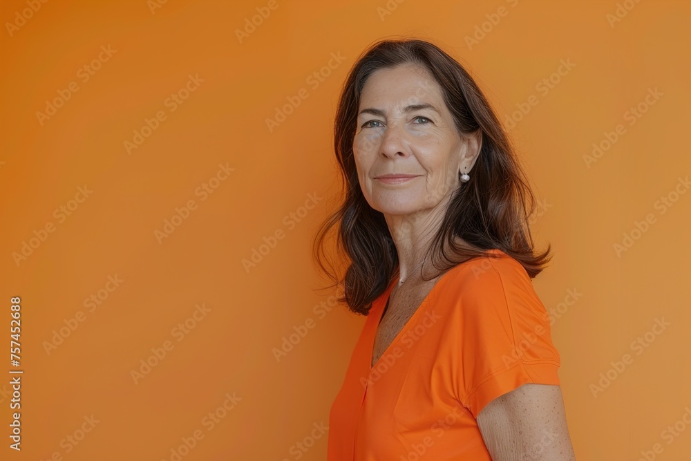 A woman in an orange shirt is smiling at the camera A woman in an orange shirt is smiling at the camera