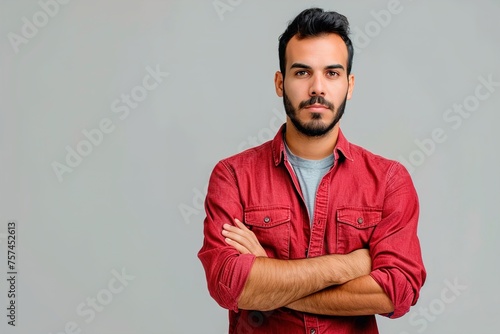 A man in a red shirt is standing with his arms crossed