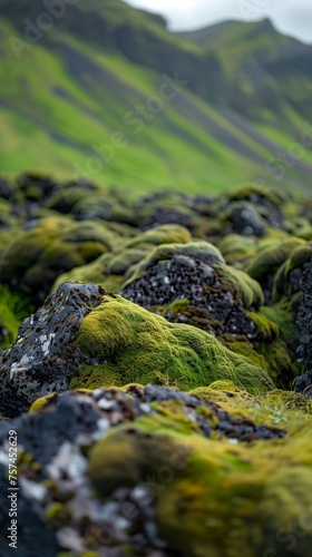 In a detailed close-up of rocks covered in a lush layer of green moss with Iceland in the background. Natural scenery of rocks with mosses in vivid contrast.