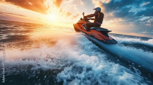 A man is riding a jet ski on the ocean photo