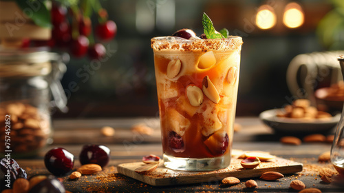 An iced beverage with spices, almonds, and cherries, epitomizing a fusion of flavors on a rustic wooden board
