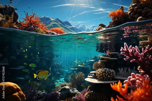 Vibrant coral reef teeming with fish, with majestic mountains in background © JackDong