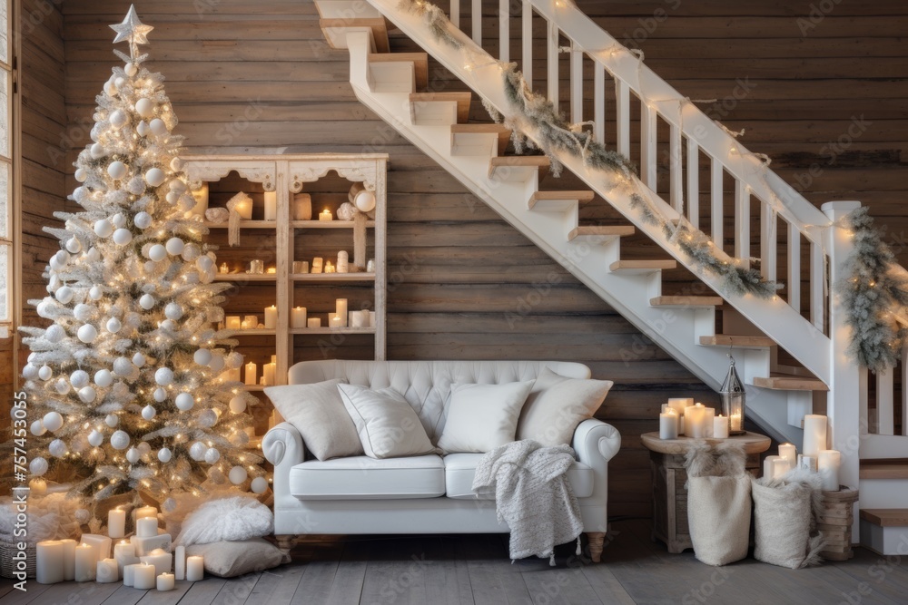 Wooden staircase in cozy white beige living room interior beautifully decorated for christmas season with xmas tree and garlands