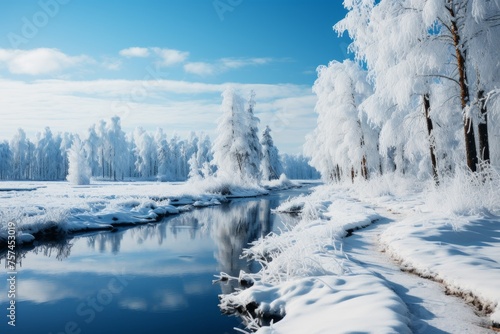 Snowy river flowing through icecapped trees under clear sky