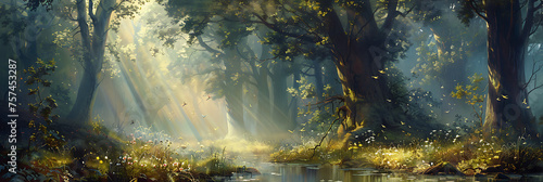 A tranquil forest glade with shafts of sunlight piercing through the trees  creating a magical atmosphere of serenity and wonder.