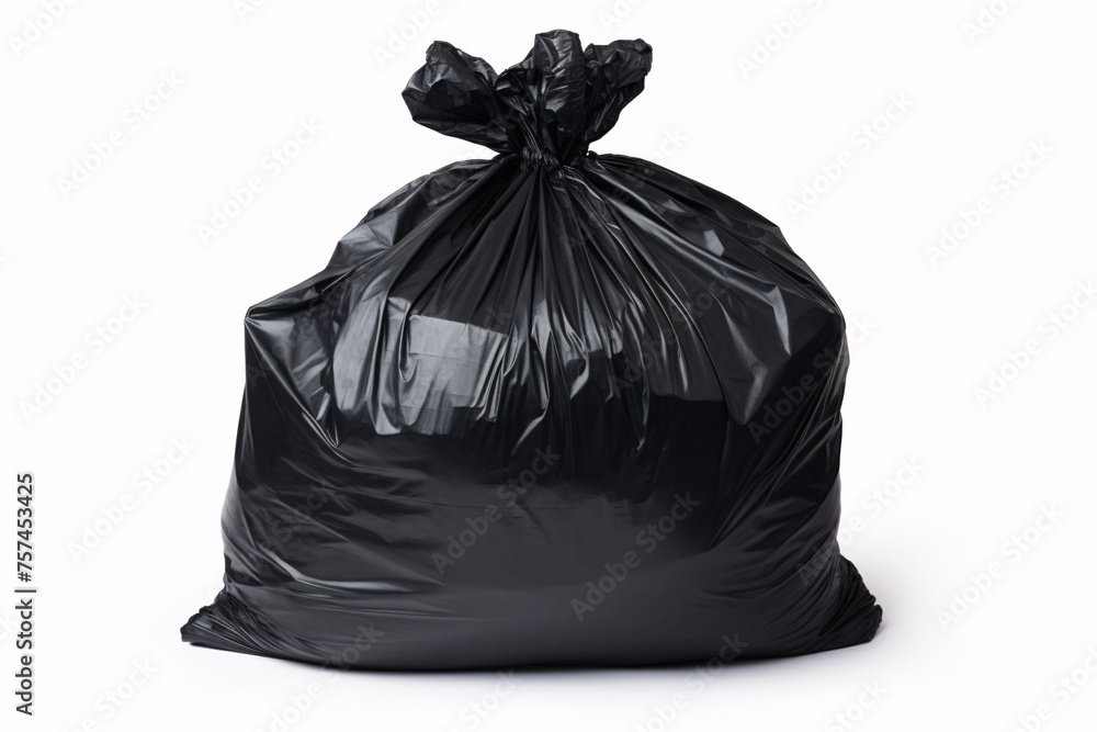 Full black garbage bag in front of white background