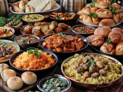 Ramadan Feast - Culinary Celebration - Ramadan Recipes Iftar - Generate visuals that evoke the spirit of a culinary celebration during Ramadan, presenting a feast of Iftar recipes
