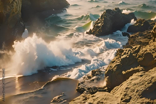 a rocky beach with waves coming in and out of the water photo