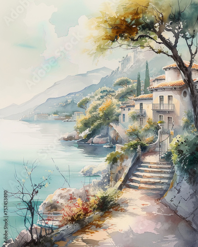 Digital watercolor painting of a village on Lake Como, Italy