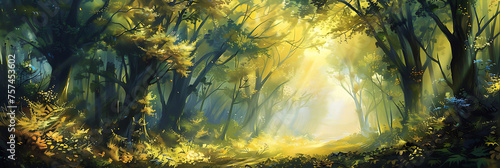 A tranquil forest glade with shafts of sunlight piercing through the trees, creating a magical atmosphere of serenity and wonder.
