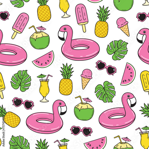 Summer seamless pattern with colorful fruit, drinks, ice cream and beach elements