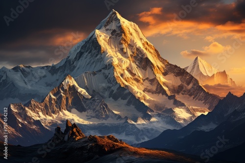 Snowy mountain painting with a sunset sky, depicting a natural landscape