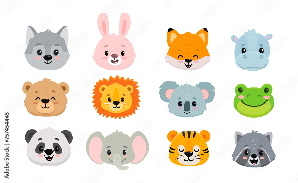 big set of cartoon animals. Doodle illustration of bear, wolf, fox, raccoon, hare, panda, fox, lion, koala, frog, elephant, hippo for cards, magazins, banners. Flat style. 