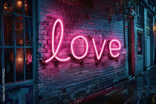 Sign of the word love made of neon tubes and glowing pink on dark background of old brick wall in dark colors.