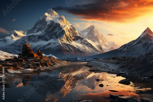 Snowcovered mountains surround a lake at sunset in a stunning natural landscape