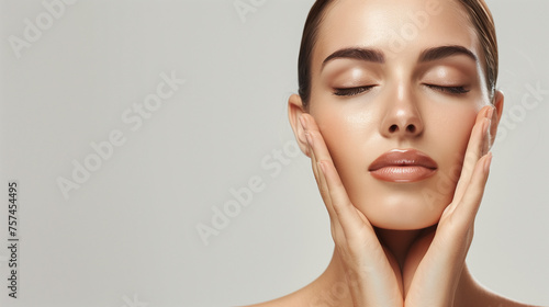 Woman Face Hands Beauty, Skin Care Makeup Eyes Closed, Beautiful Natural Make Up, Isolated over White background 