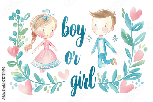 Cartoon boy and girl with floral decoration for gender reveal party, watercolor illustration