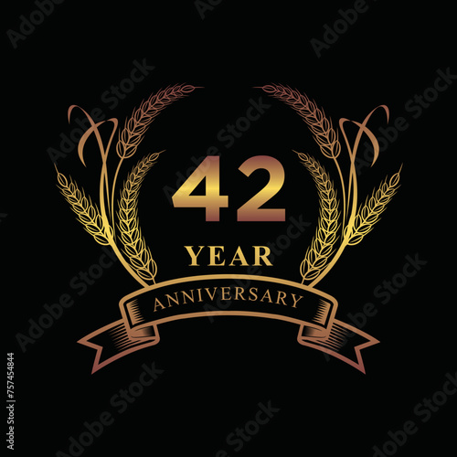 42th golden anniversary logo with ring and ribbon, laurel wreath vector photo