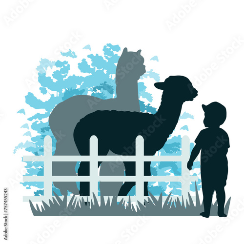 Children and pets silhouettes on white background. Little boy with llamas  behind the fence. Vector illustration.