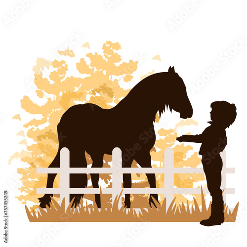 Children and pets silhouettes on white background. Little girl with horses  behind the fence. Vector illustration.	