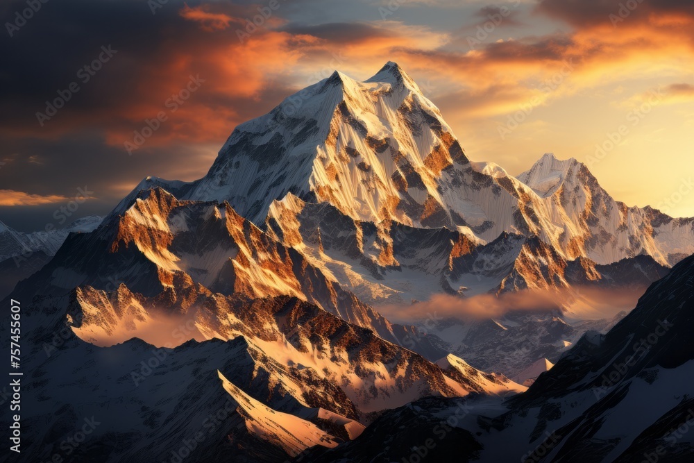 Snowy mountain at sunset with beautiful clouds in the sky