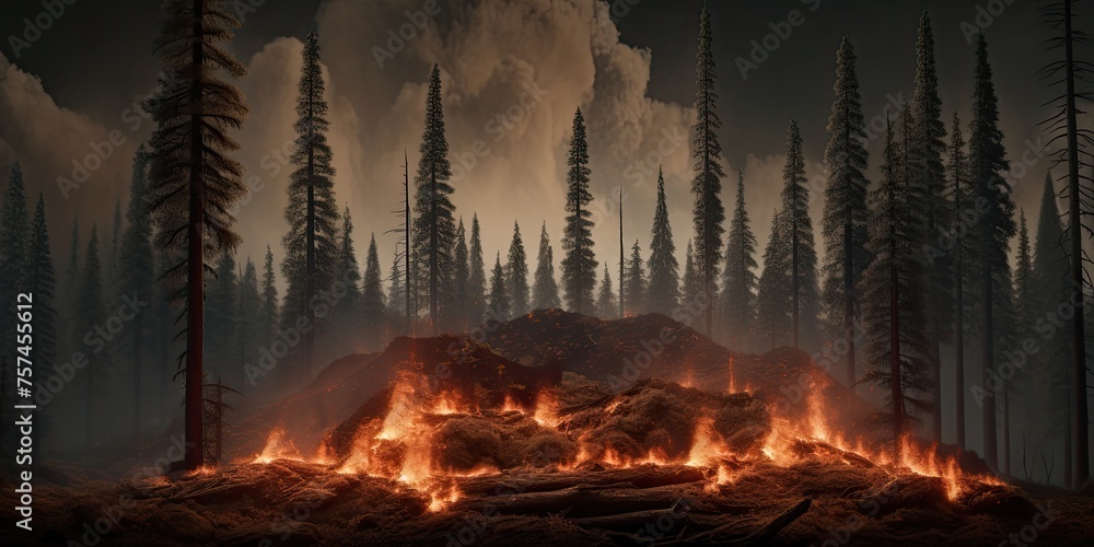 A blaze rages through the mountain forests, with dry grass and trees ablaze in the forefront. - obrazy, fototapety, plakaty 