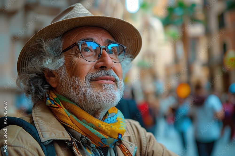 Man With Glasses and Hat Walking City Street. Man With Glasses and Hat Walking City Street.