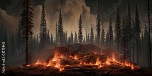 A blaze rages through the mountain forests, with dry grass and trees ablaze in the forefront.
