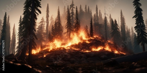 A blaze rages through the mountain forests, with dry grass and trees ablaze in the forefront.